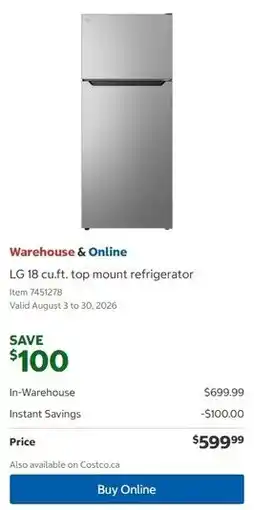 Costco LG 18 cu.ft. top mount refrigerator offer
