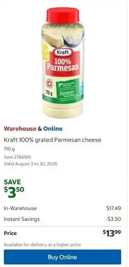 Costco Kraft 100% grated Parmesan cheese offer