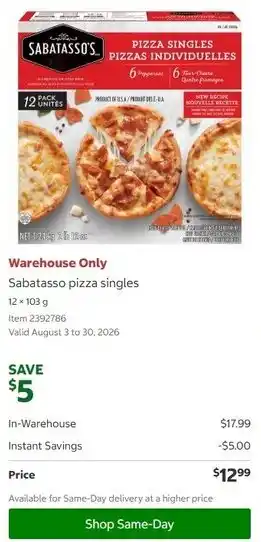Costco Sabatasso pizza singles offer