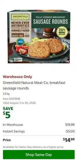 Costco Greenfield Natural Meat Co. breakfast sausage rounds offer