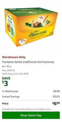 Costco Fontaine Santé traditional mini hummus offer