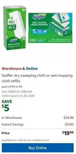 Costco Swiffer dry sweeping cloth or wet mopping cloth refills offer