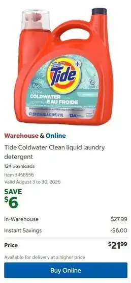Costco Tide Coldwater Clean liquid laundry detergent offer