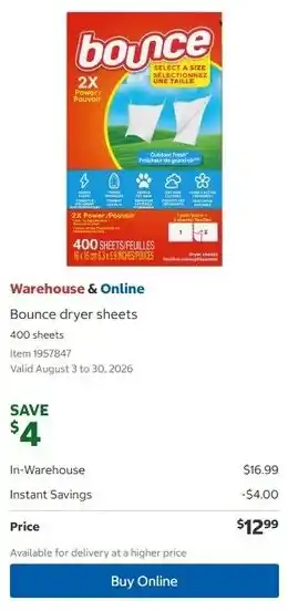 Costco Bounce dryer sheets offer