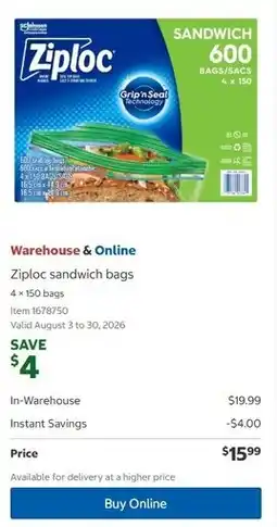Costco Ziploc sandwich bags offer