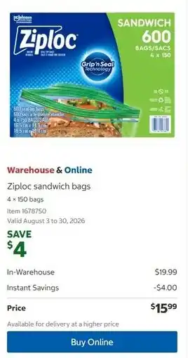 Costco Ziploc sandwich bags offer