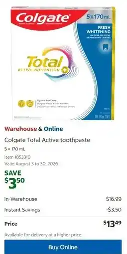 Costco Colgate Total Active toothpaste offer