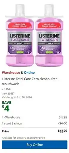 Costco Listerine Total Care Zero alcohol free mouthwash offer