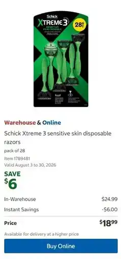 Costco Schick Xtreme 3 sensitive skin disposable razors offer