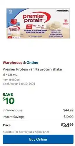 Costco Premier Protein vanilla protein shake offer