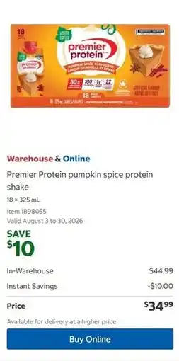 Costco Premier Protein pumpkin spice protein shake offer