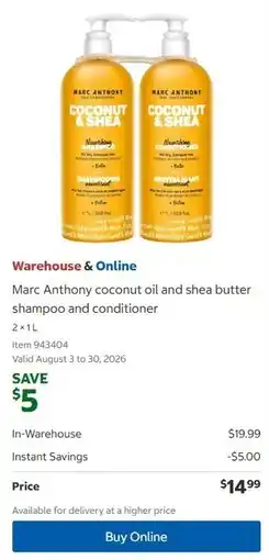 Costco Marc Anthony coconut oil and shea butter shampoo and conditioner offer