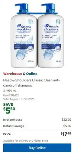 Costco Head & Shoulders Classic Clean anti- dandruff shampoo offer