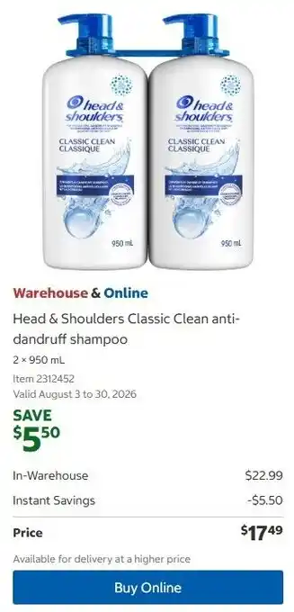 Costco Head & Shoulders Classic Clean anti- dandruff shampoo offer