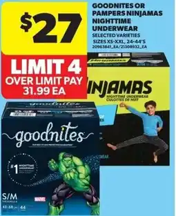 Real Canadian Superstore Goodnites or pampers ninjamas nighttime underwear offer