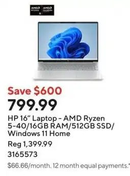 Staples HP 16" Laptop - AMD Ryzen 5-40/16GB RAM/512GB SSD/ Windows 11 Home offer