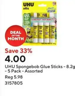 Staples UHU Spongebob Glue Sticks offer