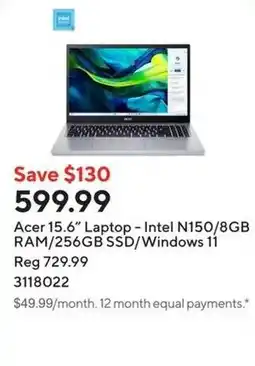 Staples Acer 15.6" Laptop - Intel N150/8GB RAM/256GB SSD/Windows 11 offer