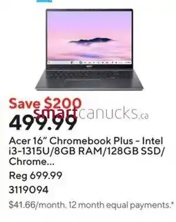 Staples Acer 16" Chromebook Plus - Intel i3-1315U/8GB RAM/128GB SSD/ Chrome offer