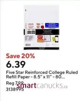 Staples Five Star Reinforced College Ruled Refill Paper offer