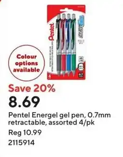 Staples Pentel Energel gel pen, 0.7mm retractable, assorted 4/pk offer