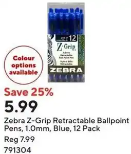 Staples Zebra Z-Grip Retractable Ballpoint Pens, 1.0mm, Blue, 12 Pack offer