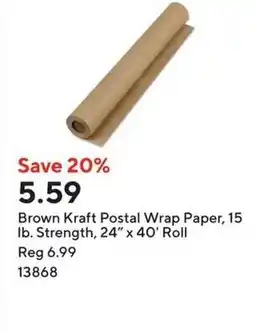 Staples Brown Kraft Postal Wrap Paper, 15 Ib. Strength, 24" x 40' Roll offer