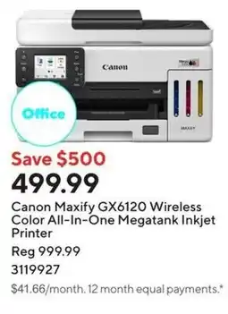 Staples Canon Maxify GX6120 Wireless Color All-In-One Megatank Inkjet Printer offer