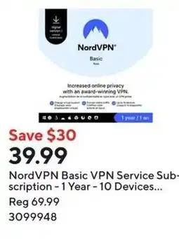 Staples NordVPN Basic VPN Service Sub- scription 1 Year offer