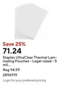 Staples Staples UltraClear Thermal Lam- inating Pouches - Legal-sized offer