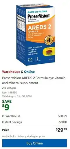 Costco Preser vision areds 2 formula eye vitamin and mineral supplement offer