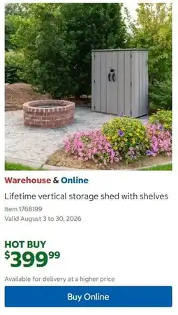 Costco Lifetime vertical storage shed with shelves offer