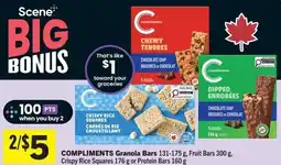 Foodland Compliments granola bars, fruit bars, crispy rice squares or protein bars offer