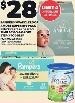 Loblaws Pampers swaddlers or amore super big pack diapers size n-2, 76-96's or similac go & grow step 3 toddler formula offer