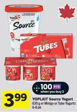Foodland Yoplait source yogurt or minigo or tube yogurts offer