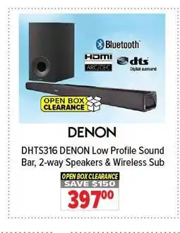 2001 Audio Video DENON DHTS316 Low Profile Sound Bar, 2-way Speakers & Wireless Sub offer