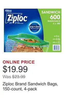 Costco Ziploc Brand Sandwich Bags, 150-count, 4-pack offer
