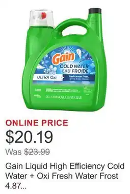 Costco Gain Liquid High Efficiency Cold Water + Oxi Fresh Water Frost 4.87 L 121 Loads offer