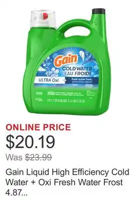 Costco Gain Liquid High Efficiency Cold Water + Oxi Fresh Water Frost 4.87 L 121 Loads offer