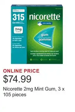 Costco Nicorette 2mg Mint Gum, 3 x 105 pieces offer