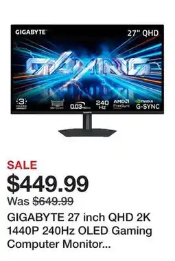 Newegg GIGABYTE 27 inch QHD 2K 1440P 240Hz OLED Gaming Computer Monitor GO27Q24A offer