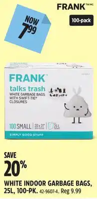 Canadian Tire FRANK WHITE INDOOR GARBAGE BAGS, 25L, 100-pack offer