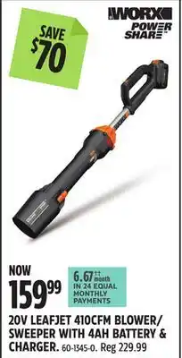 Canadian Tire WORX 20V LEAFJET 410CFM BLOWER/SWEEPER WITH 4AH BATTERY & CHARGER offer