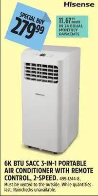 Canadian Tire Hisense 6K BTU SACC 3-IN-1 PORTABLE AIR CONDITIONER WITH REMOTE CONTROL, 2-SPEED offer