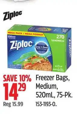 Canadian Tire Ziploc Freezer Bags, Medium, 520mL, 75-Pk offer