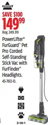 Canadian Tire Bissell PowerLifter FurGuard Pet Pro Corded Self-Standing Stick Vac with FurFinder Headlights offer