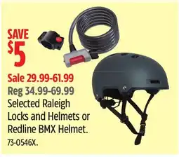 Canadian Tire Selected Raleigh Locks and Helmets or Redline BMX Helmet offer
