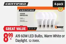 Canadian Tire A19 60W LED Bulbs, Warm White or Daylight offer