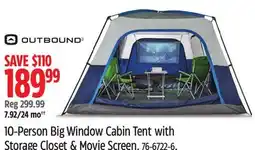 Canadian Tire OUTBOUND 10-Person Big Window Cabin Tent with Storage Closet & Movie Screen offer
