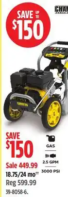 Canadian Tire Power Equipment 3000 PSI 2.5 GPM 196cc Engine Cold Water Wheeled Gas Pressure Washer offer